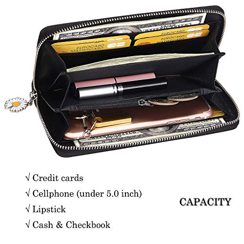 KUKOO Women’s Printed Zip Around Wallet Phone Clutch Purse Card Holder Organizer (Yellow -daisy-6)4