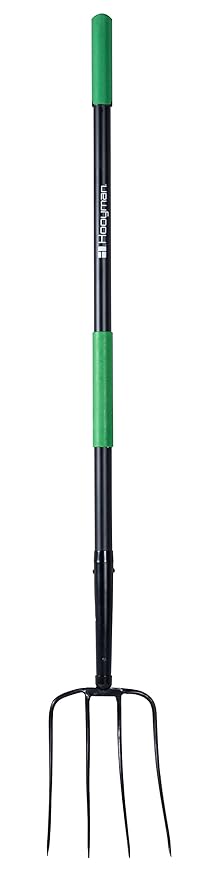 Hooyman 4-Tine Pitch Fork with Heavy Duty Forged Construction, Ergonomic No-Slip H-Grip Handles, and Fiberglass Core for Gardening, Land Management, Yardwork, Farming, and Outdoors