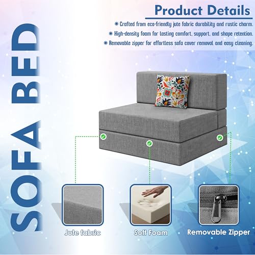 Image of Los Angeles Foldable One Seater Sofa Cum Bed, Sofa Bed 3 X 6 Feet Jute Fabric Washable Cover- Including Cushion Perfect for Living Room - Grey Color