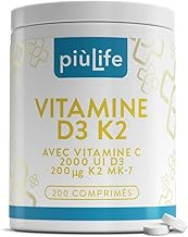 Vitamin D3 K2 Mk7 With Vitamin C 200 Tablets Piulife® Vitamin D 2000 IU, Vitamin K2 200mcg, Vit C 125mg, Vitamins For Teeth Bone, Adult Immunity, Boost Energy, D3 K2 Natural