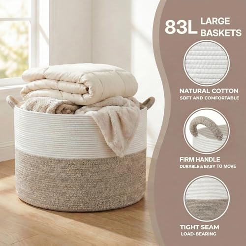 XXXL-Large-Blanket-Basket-for-Living-Room-217-x-138-Woven-Cotton-Rope-Laundry-Hamper-for-Pillows-Towels-Toy-Storage-Decorative-Round-Storage-Basket-with-Handles-for-Nursery-Baby-Dog-Toys