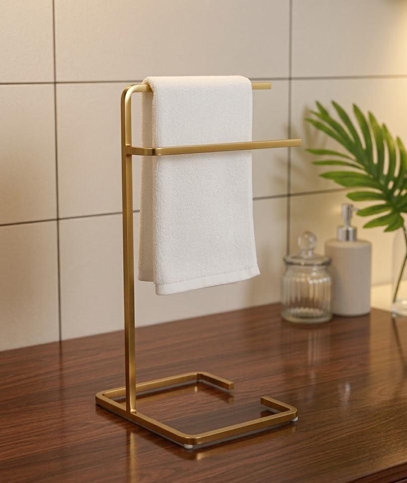 Stand Wallah Gold Towel Stand for Bathroom & Kitchen | Freestanding Double Bar Hand Towel Holder | Rust Resistant Metal Countertop Towel Rack | Modern Luxury Design for Kitchen, Sink-image-1