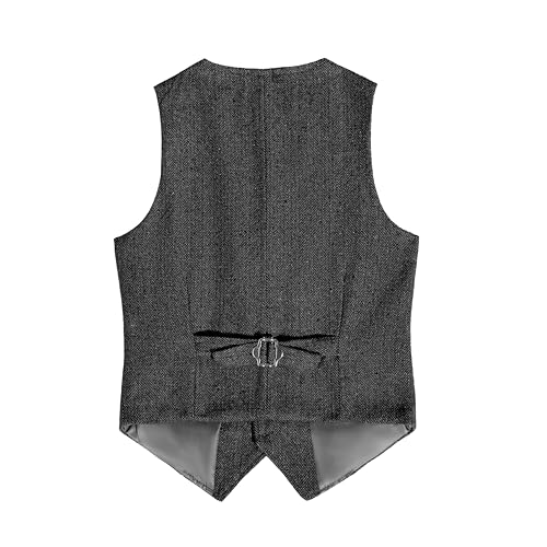 Image of Boys Retro Tweed Vest for Kids Classic Casual Waistcoat | vintage herringbone, toddler little kids vests, flap pocket, sleeveless, slim fit, wedding outfit, christmas birthday party