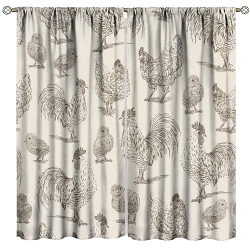 FAOTELY Retro Farmhouse Animal Curtains Hand Painting Roosters and Hens Blackout Window Drapes for Bedroom Living Room Kitchen Cafe Decor W21xL63 Inch x2 Panels