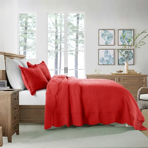 MarCielo 3-Piece Christmas Quilt 100% Cotton Oversized Bedspread Lightweight Coverlet Embroidery Christmas Tree Pattern Bedding Set (TC Red, Oversized Queen (100"x106"))