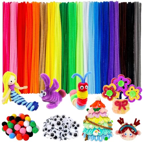 UNIANE 520 Stück Pfeifenreiniger zum Basteln, 400 Pfeifenputzer Chenilledraht Pfeifenputzer Bunt mit 120 Pfeifenputzer Zubehör Plüschbälle und Augen, Pipe Cleaner Set für DIY Basteln und Dekorationen