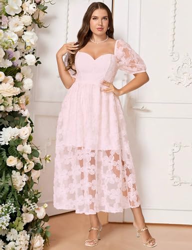 Image of EYWOL Formal Wedding Guest Cocktail Party Floral Embroidered Dress M-3XL | Embroidered,Floral,Sheer A-Line,Maxi,Sweetheart Neckline,Puff Sleeves,Tie Back, Parties,Wedding,Formal,Cocktail,Occasions