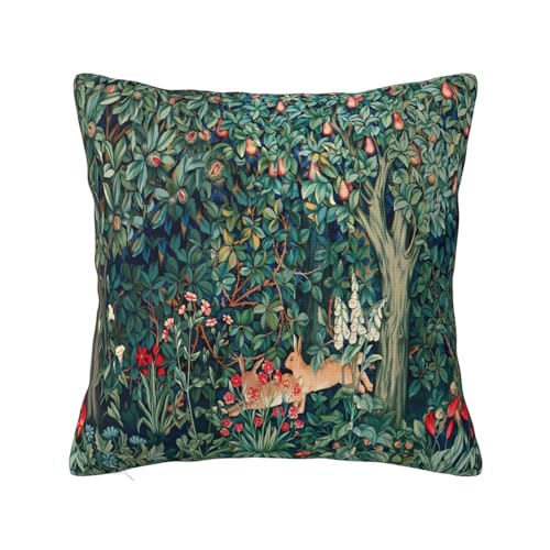 Keebik William Morris Fox Hares Blue Green Floral Fores Throw Pillow Cover Soft Decorative Throw Pillowcases Cushion Case for Home Decor Living Room Bed Couch Car 16x16 Inch