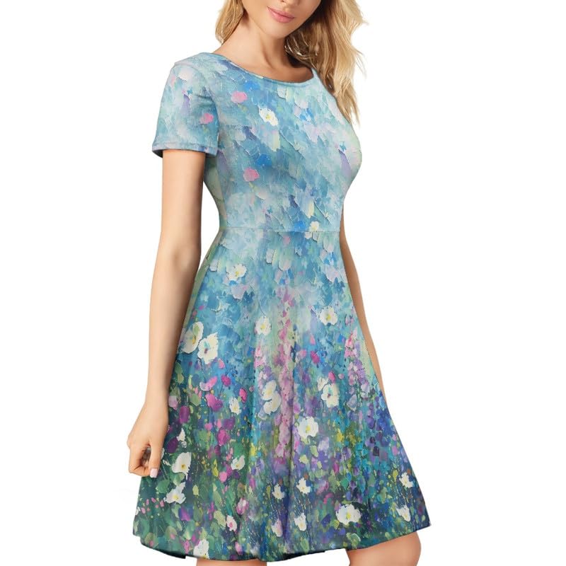 Image of Irisjudy T Shirt Dress for Women Short Sleeve Girls Short Sleeve Dress Plus Size, O Neck Knee Length Midi Dress for Ladies