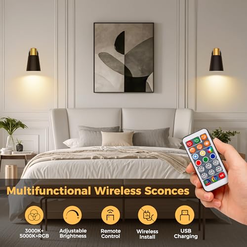Image of DORESshop Battery Operated Wall Sconces Set of Two, Dimmable & Adjustable Black Gold Wall Lights, Rechargeable Wall Sconce with Remote, Not Hardwired LED Wall Lamps for Bedroom Living Room