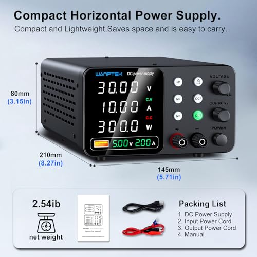 Image of WANPTEK DC Bench Power Supply 30V 10A, Regulated Variable Lab Power Supply with Memory Presets, Encoder Knob,OCP Protection, Output Switch, 4-Digit LED, USB Fast Charge and Key Lock for Repair