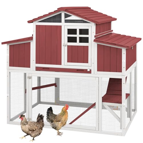 56.03" L 2-Story Chicken Coop with Run,Fir Wood Chicken House Hen House with 2 Large Nesting Boxes,Expandable Poultry Cage for 2-4 Chicken with 4 Perc