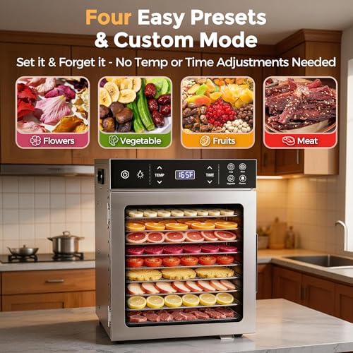 Image of Suteck 400W Food Dehydrator with 10 Trays for Jerky, Fruit, Veg, Meat | Stainless Steel, 4 Presets, Strong Dual Fans & 360 Airflow, 85F-195F, 48H Timer, Built-in Light, Quiet