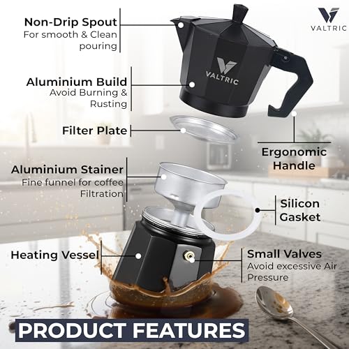 Image of 2-in-1 Moka Pot Espresso Maker | Stovetop & Induction Compatible | 300ml Premium Aluminium | Italian Style Percolator Coffee Brewer | Brews 4-6 Cups | Espresso, Americano & More, Black