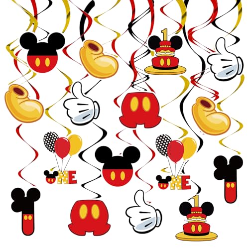 BAOOOFUL Red 1st Birthday Hanging Swirl Decorations, Mouse Birthday Party Ceiling Streamers, Mouse Theme Party Supplies, Party Favors for Boys Kids(38 Pcs)