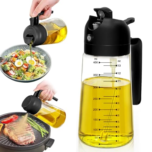 Velvaria 2 in 1 Oil Sprayer & Dispenser Bottle 470ml Glass Mister with Ergonomic Handle Non-Drip Pour Spout for Air Fryer Salad & BBQ Healthy Cooking Gadget (Black)