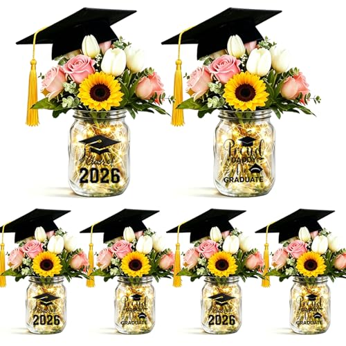 6 Sets Light Up Graduation Centerpieces for Tables,Glass Mason Jar Centerpieces with Grad Caps,Fairy Lights & Stickers,Class of 2026 Table Decorations for Grad Party Supplies