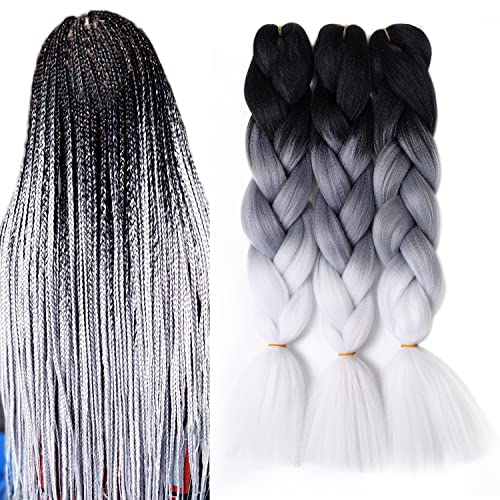 Black and White Braiding Hair Pre stretched Extensions Ombre Braiding Hair 24inch 3Pcs Jumbo Hair Synthetic Extensions Black-grey-white