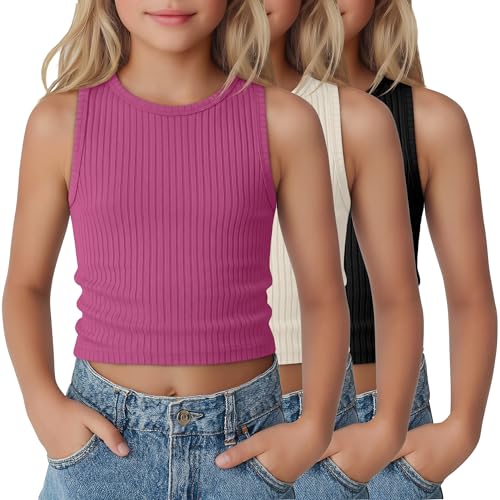 YooAurvox 3 Pack Girls Tank Tops Ribbed Crew Neck Cropped Sleeveless Knit Shirts Slim Fit Soft Basic Casual Gym Dance Tops(Black, Cream, Rose Red,11-12 Years)