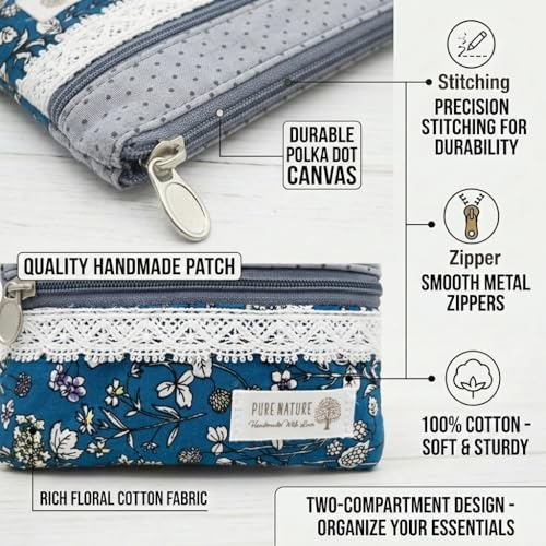 Image of Women Small Zipper Coin Purse, Handmade Fabric Flower Embroidered Change Pouch, Cotton Double Zipper Wallet