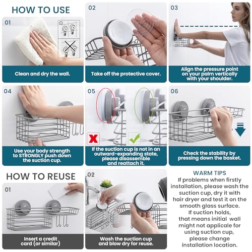 Image of TAILI Shower Caddy Suction Cup 2 Pack with Hooks & Soap Holder, Heavy Duty Shower Organizer for Bathroom, No Drilling Bathroom Organizer with Large Capacity, Metal Storage Holder-Grey