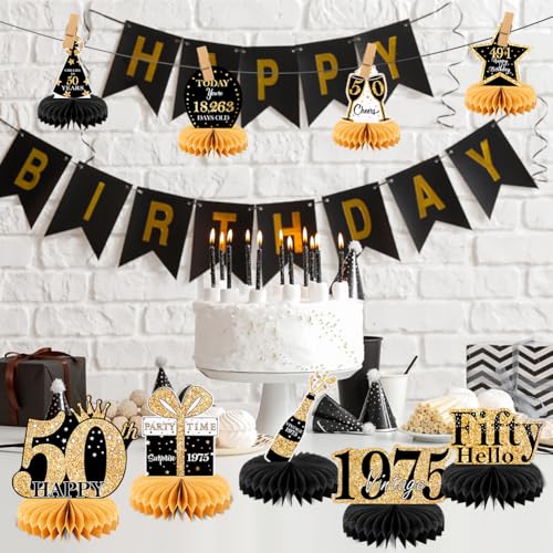 Miniatura 6 de Osdue Cumpleaños Mesa Panal Centros, 9 Piezas Decoraciones Para Cumpleaños Fiestas Adornos Negros Y Dorados, Regalos Para 50 Años Cumpleaños Y Aniversario A