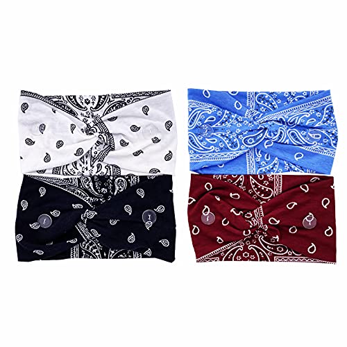 Lanxy 4PCS Black Blue White Wine Red Button Headband for Nurses Doctors Women Men Yoga Sports Workout Elastic Adjustable Headwrap-Protect Your Ears