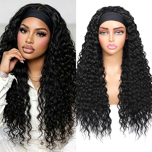 Yacurcur Headband Wig Water Wave Glueless None Lace Front Curly Synthetic Wig Wear and Go Wigs for Black Women 180% Density Machine Made Headband Half Wigs 24 Inch(1B)