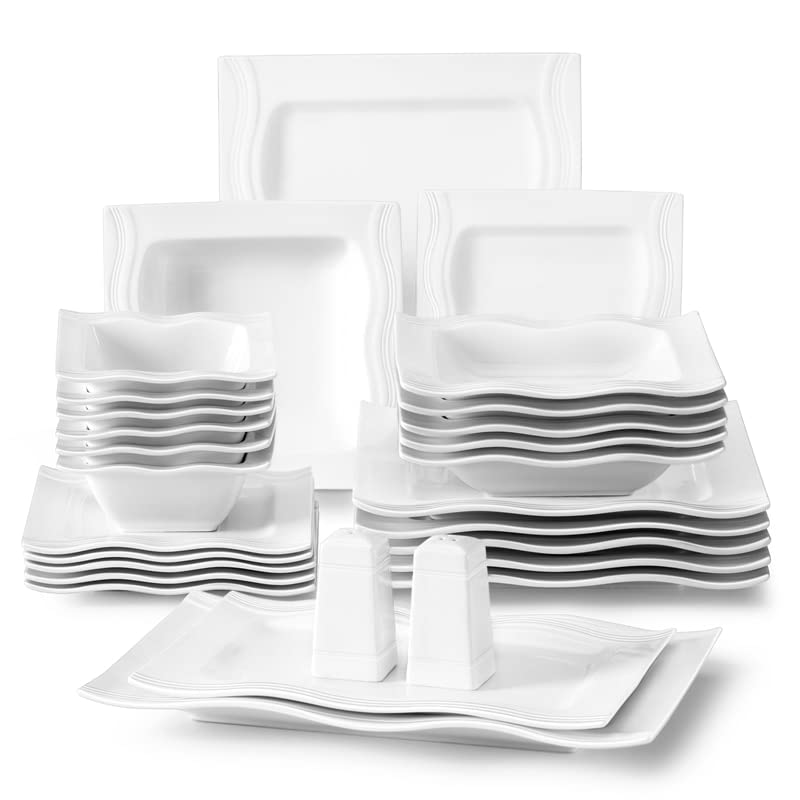 VIRUL Juego de vajilla Cuadrada de 28 Piezas Juego de Platos y tazones de Porcelana Blanca Juego de tazones para ensaladas y pastas Juego de Cena
