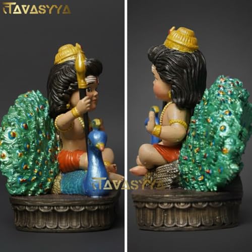 Image of Lord Murugan Idol | Bal Kartikeya /Skanda /Subrahmanya Swamy Statue with Peacock | for Mandir, Car Dashboard, Home Temple, Office Desk & Home Decor | Spiritual Gifting & Housewarming