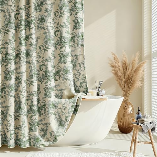 Blgiont Farmhouse Sage Green Floral Shower Curtain with 12 Clear Rings Fabric Faux Linen Shower Curtain Set Vintage Cottagecore Shower Curtain for Bathroom 72 W x 72 L