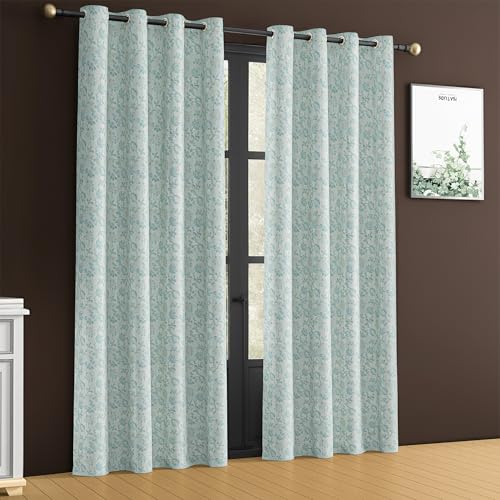 Image of Yellow Weaves 2 Pcs Jacquard Botanical Eyelet Long Door Curtain - Perfect for Home, Office, Bedroom, Living Room & Balcony - 7 Feet (Sky Blue)