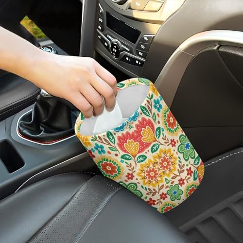 Image of Tropical Rainbow Flowers Car Trash Can Collapsible Auto Waste Basket Container with Adjustable Strap Waterproof Auto Storage Box Travel Accessories