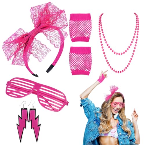 OUDQFCJ Conjunto de mulher, 5 peças, acessórios e disfarce, para festas de neon, carnaval e Halloween, inclui renda (venda), luvas de rede, colares, brincos e pulseiras, tamanho único (rosa)