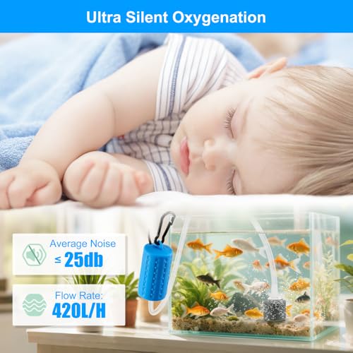 Image of DaToo USB Mini Aquarium Air Pump Ultra Quiet Fish Tank Air Pump with Black Hanging Clasp Portable Aquarium Oxygen Aerator Pump Includes Fish Tank Airline Tubing and Air Stone(1W /2W /3W)