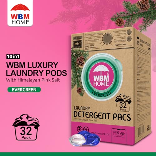 WBM Laundry Detergent Pods - Ultra-Concentrated, Hypoallergenic, Stain-Fighting, Evergreen Scent, 32-Pack, Recyclable Packaging for Eco-Friendly Cleaning