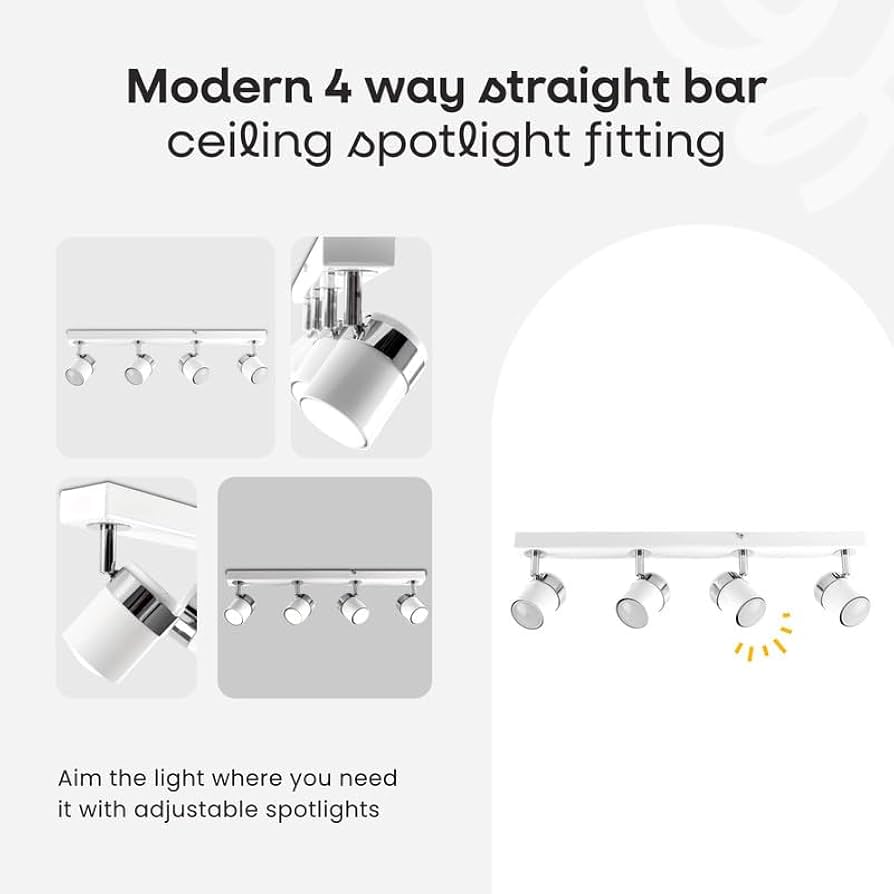 MiniSun | Modern 4 Way Straight Bar Ceiling Spotlight Fitting In A Gloss White Finish | Spotbars, Home Décor & Improvement Essential | Includes Bulb [6500K Colour Temperature