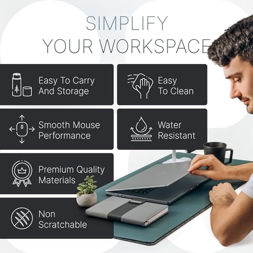Image of Nordik Felt and Leather Desk Mat - Dual Layer Deep Green 35 x 17 in | Dual-Layered Mat Leather Desk Pad with Document Organizer - Full Desktop Mat - Large Non-slip and Waterproof Desk Blotter