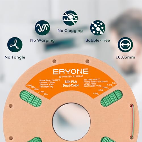 Image of ERYONE Silk Dual Color PLA Filament 3D Printer 1.75mm + /- 0.03mm, Bicolor Filament Two Tone PLA 1KG(2.2lbs) Cardboard Spool, Red Green
