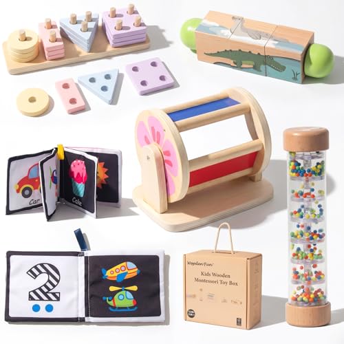 Montessori Baby Toys Play Kit Wooden Newborn Learning Set Mirror Spinning Drum Rain Stick Soft Cloth Books Shape Sorter Baby Roller - Christmas Birthday Gift for Toddlers