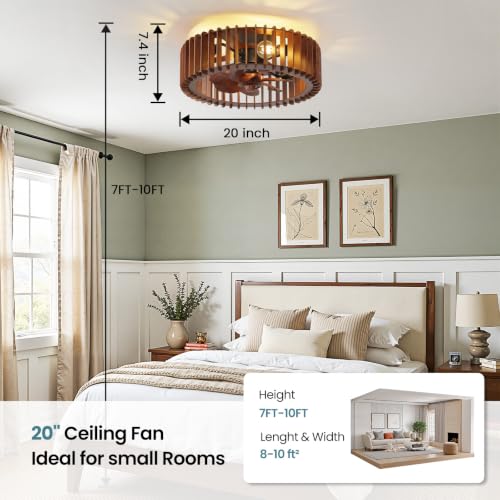 Image of 20'' Caged Low Profile Fandelier ceiling fan with light and Remote Walnut