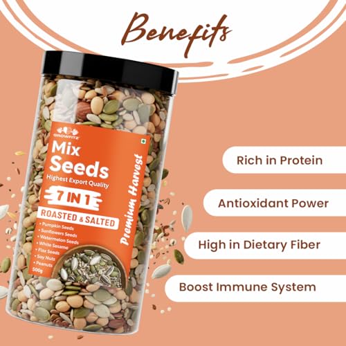 Image of Growfitz 7-in-1 Super Seed Mix | Pack of 2 (500g Each)| 24.4g High Protein & Fiber | Roasted & Salted Pumpkin, Sunflower, Flax, Chia, Soy Nuts & Sesame | Healthy Snack |