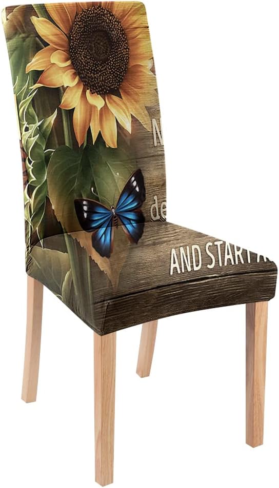Farmhouse Sunflowers Dining Room Chair Covers Blue Butterflies Kitchen Dining Room Chair Covers Set of 4 Stretch Removable Washable Chair Protector Covers Brown for Home Decor for Wedding