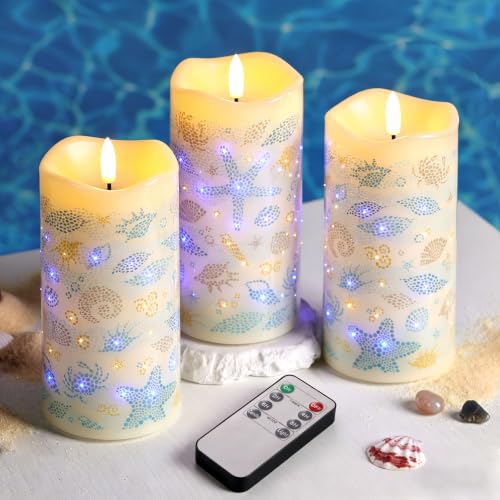 Image of Eywamage Ocean Fiber Optic LED Pillar Candles with Remote 3 Pack | Coastal theme, summer daily decor, 3 AA battery powered, remote timer function, Φ 3 inch H 6 inch, flickering realistic