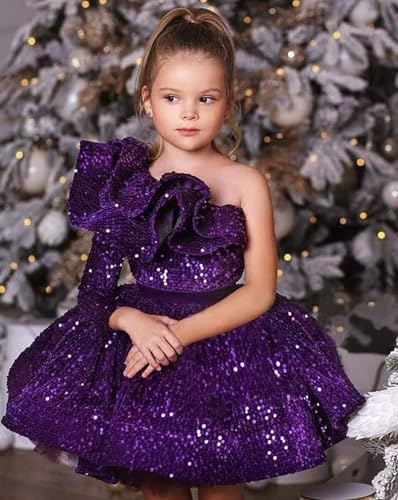 Long Sleeve Short Mini Girl Pageant Dresses Sparkly Sequins One Shoulder Flower Girl Gowns 2025 TJ183