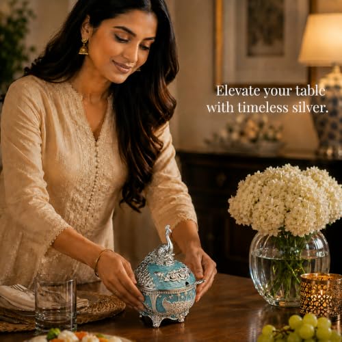 Image of Diviniti Silver Plated Peacock Sugar Pot with Lid | Decorative Storage Jar for Sugar, Mouth Fresheners & Small Items | Luxury Home Decor Piece for Dining Table, Kitchen & Gifting (Teal Blue)