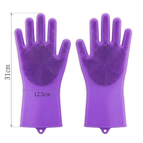 Image of Kitchen Dishwashing Gloves for Washing Dishes - Reusable Rubber /Silicone Cleaning Gloves for Kitchen, Bathroom & Car Cleaning - Waterproof Household Hand Gloves for Women, Home Essentials (Purple)