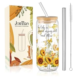 Joeyan 600ml Glass Drinking Cup with Lids and Straws, Iced Coffee Glass Smoothie Bubble Tea Cup with Sunflower Butterflies Pattern, Cute Floral Glass Tumbler Mason Jar for Women Girl Daughter Friend