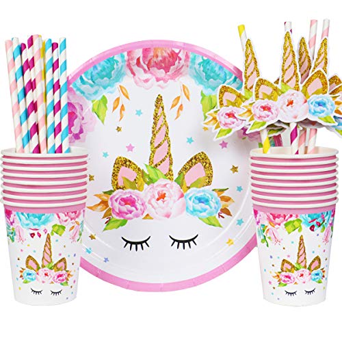 16 Guest Unicorn Party Supplies - Pink Unicorn Plates, Cups, Napkins, Tablecloth, Balloons, Banner, Headbands & Straws - Birthday Party Decorations for Girls