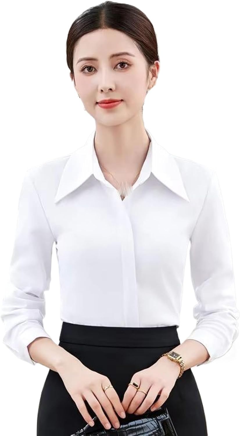 Women's Elegant Office Lady Solid Blouse Simple Long Sleeve Chiffon Shirt Slim White Top